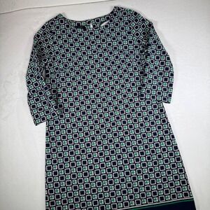 Talbots Geometric Print Shift Dress - Navy Blue Green Modest Career Plus Size 14